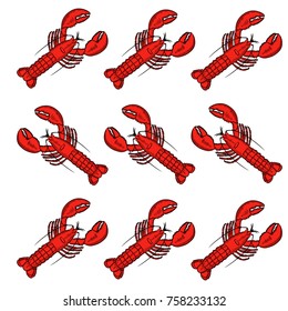 A set of painted colorful sea lobsters. Sketch, drawing. Vector illustration, pattern, pattern