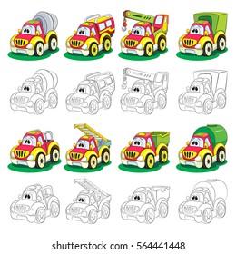 Set of painted and coloring book cartoon truck. The set includes a cement mixer, SUV, crane, van, pickup, a ladder; tipper, tank.