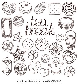 Set of painted cookies and biscuits. Doodle tea break vector illustration.