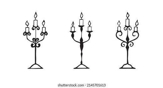 Set of painted different candlesticks. Black and white vector illustration.