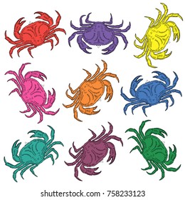 Set of painted different colors of sea crabs. Vector illustration, pattern