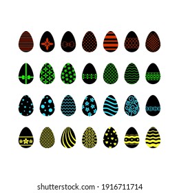 set of painted Easter eggs on a white background with colored patterns