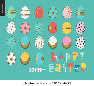 Set of painted eggs - arranged traditional Easter eggs on the blue background