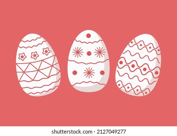 Set of painted eggs with drawings, red ornaments. Festive decor. Vector illustration.