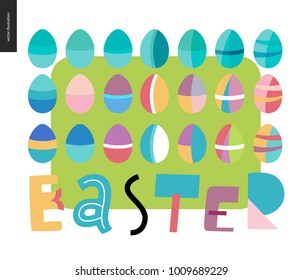 Set of painted eggs and Easter lettering on the green background