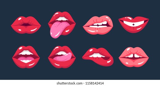 Set of painted female lips makeup, in cartoon style, different positions, emotions, facial expressions. Realistic sexy glamorous red lips of girl, mouth with kiss, smile, tongue. Vector illustration.