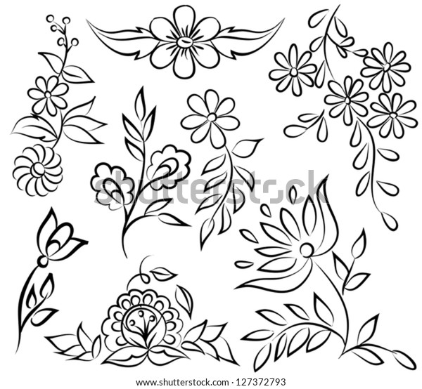 Set Painted Flowers Black White Sketch Stock Vector (Royalty Free