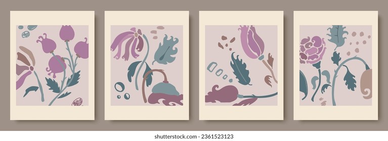 Eine Reihe gemalter Blumen. Zeichnen. Pastellfarben. Innenmalerei, Flachdesign. Vektorgrafik der Mode, handgezeichnet.