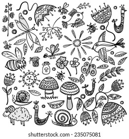 set of painted flowers and small animals