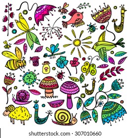 Set of painted flowers and small animals, color