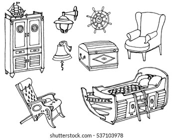 set of painted furniture for the bedroom of a teenager in a marine style, for interior decoration ,  vector black lines in white background