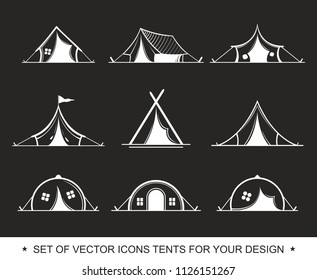 Set Painted graphic tent for travel and recreation in a camping. Vector label, icon for the design of a summer children's camp. Logotype, Logo