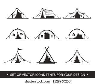 Set Painted graphic tent for travel and recreation in a camping. Vector label, icon for the design of a summer children's camp. Logotype, Logo