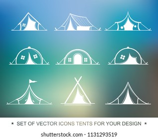 Set Painted graphic tent for travel and recreation in a camping. Vector label, icon for the design of a summer children's camp. Logotype, Logo