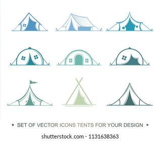 Set Painted graphic tent for travel and recreation in a camping. Vector label, icon for the design of a summer children's camp. Logotype, Logo