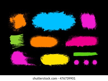 Set of painted grunge banners. Bright colorful ink vector stains isolated on black. Rainbow Colored backgrounds for design. Hand drawn vector illustration on black. Brush strokes vector.