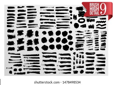 Set of Painted grunge stripes. Black labels, ink brush strokes, brushes, background, paint text. Brochure design template, card, banner. Vector illustration 9. Isolated on white background.