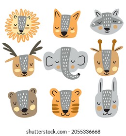 A set of painted heads of different animals	
