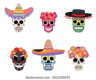 Set of painted human skulls on white background. Mexico's Day of