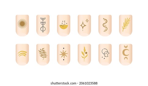 Set of painted nails in bohemian style. Flat vector manicure designs with minimalistic boho symbols. Esoteric golden symbols, mystical design elements.