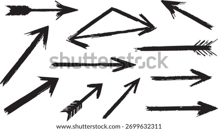 Set of painted navigation signs. Rough textured arrow shapes. Doodle style pointers.