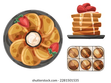 A set of painted pancakes from different angles. Additives in the form of sour cream and strawberries. Eggs