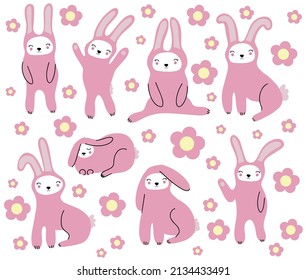 set of painted pink bunnies in different poses