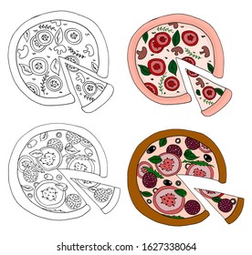 A set of painted pizza colored and for coloring. Italian pizza. Hand drawn sketch, vector illustration. Engraving style illustration. Pizza label for menu or packaging.