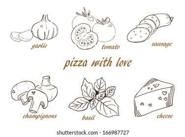 set of painted products for pizza on white background