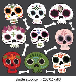 Set of painted skulls for Dia de Muertos postcard or decoration, EPS10