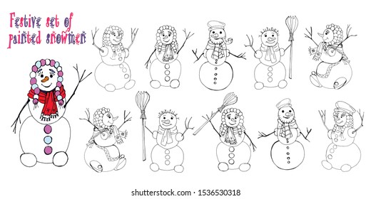 set of painted snowmen, doodles, elements for new year and Christmas decoration