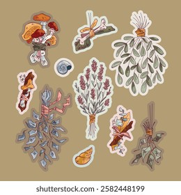 A set of painted stickers for witches. Bundles of herbs and mushrooms.