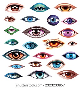 A set of painted stylized eyes, isolated on white background, vector design