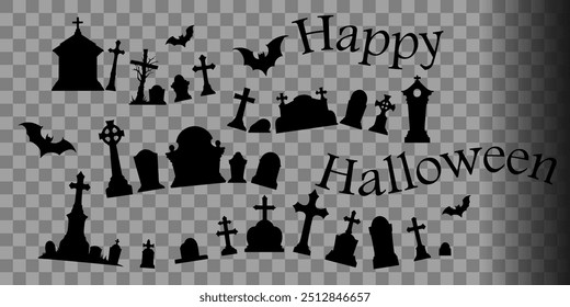 set of painted tombstones, crosses and bats, for Halloween design, card, invitation. vector illustration of isolated cemetery silhouettes with happy Halloween text