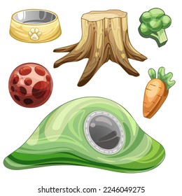 A set of painted toys and shelters for rabbits. Toy vegetables, a hole and a bowl