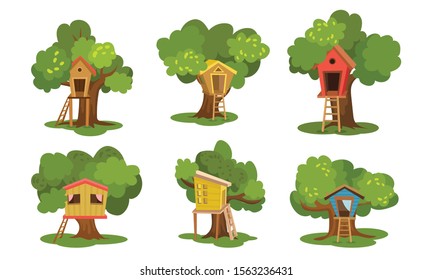 Set of painted tree houses. Vector illustration.