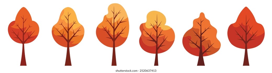 Conjunto de árboles pintados, árboles de otoño aislados sobre fondo blanco, diseño de Vector