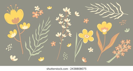 A set of painted twigs with flowers in the doodle style. Spring flowers in retro colors.