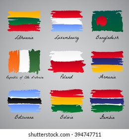 Set of painted vector flag of different countries: Lithuania, Luxembourg, Bangladesh, Cote D'Ivoire, Poland, Armenia, Botswana, Bolivia, Gambia. Vector sketch illustration collection.