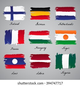 Set of painted vector flag of different countries: Finland, Germany, Netherlands, France, Hungary, Niger, Laos, Latvia, Nigeria. Vector sketch illustration collection.