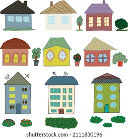 Un conjunto de casas vectoriales pintadas y plantas de jardín