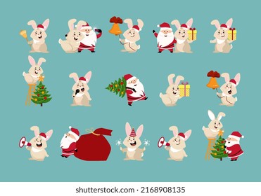 A set of painted vector icons of funny Santa Claus and cute rabbits with Christmas items. Vector festive illustration of animals and people in different situations