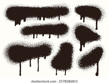 Set of painted vector spray elements, graffiti art dirty, spot grunge splatter. Grunge graffiti painted borders and shapes, dirty splatter street art strokes. Spray black textured black lines vector.