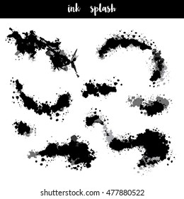 Set of painted vector stains. Black ink splash on a white background