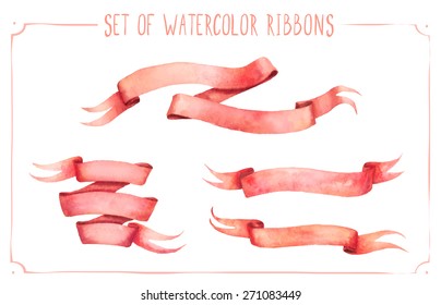 Set of painted watercolor ribbons. Vectorized watercolor illustration. Use ribbons for your invitation, postcards, cards and so on.  