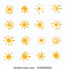 Set of painted yellow suns. Set of sixteen suns. Vector solar symbols set.