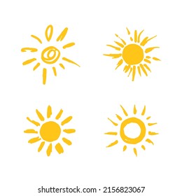 Set of painted yellow suns. Solar symbols set. Vector sun illustrated
