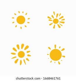 Set of painted yellow suns. Vector solar symbols set.