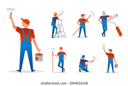 Set Of Painter Craftsman With Paint Roller.  Flat Icon Vector Illustration Isolated On White Background.