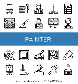 Set of painter icons such as Canvas, Painting palette, Paint roller, Brush, Painter, Artist, Artboard, Paint bucket, Art, Trowel, Paint brush , painter